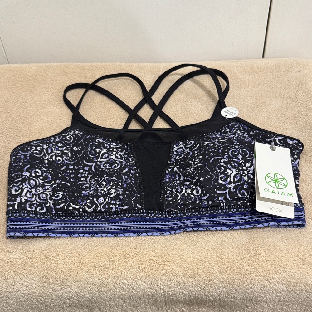 GAIAM Black and Blue Patterned Sports Bra